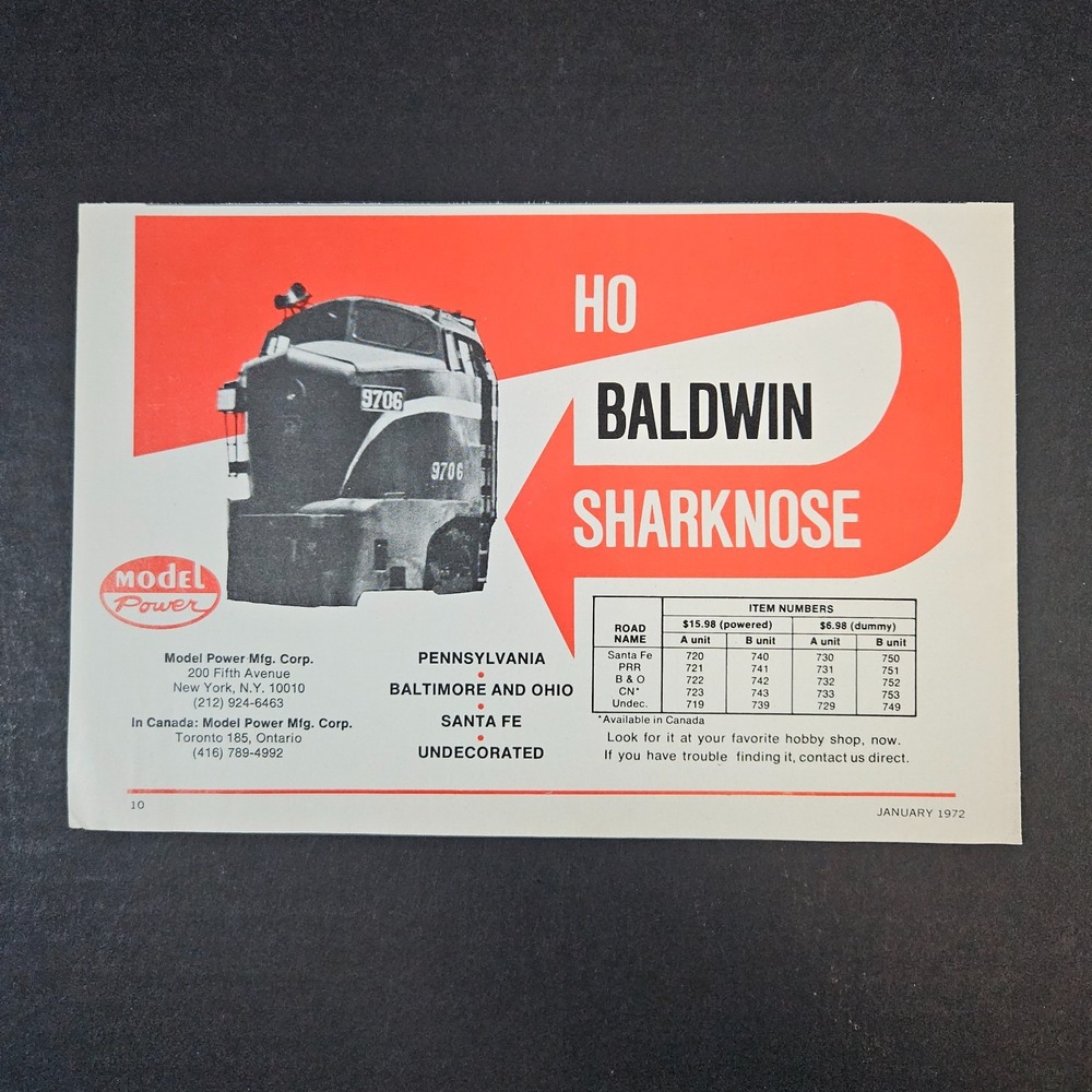 1972 Model‎ Power HO Baldwin Sharknose Model Train Locomotives Vintage Print Ad